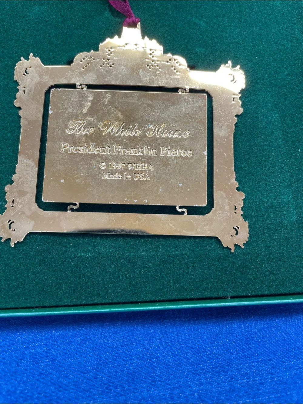 Gold Christmas 1997 White House Frame Ornament with Burgundy Ribbon
